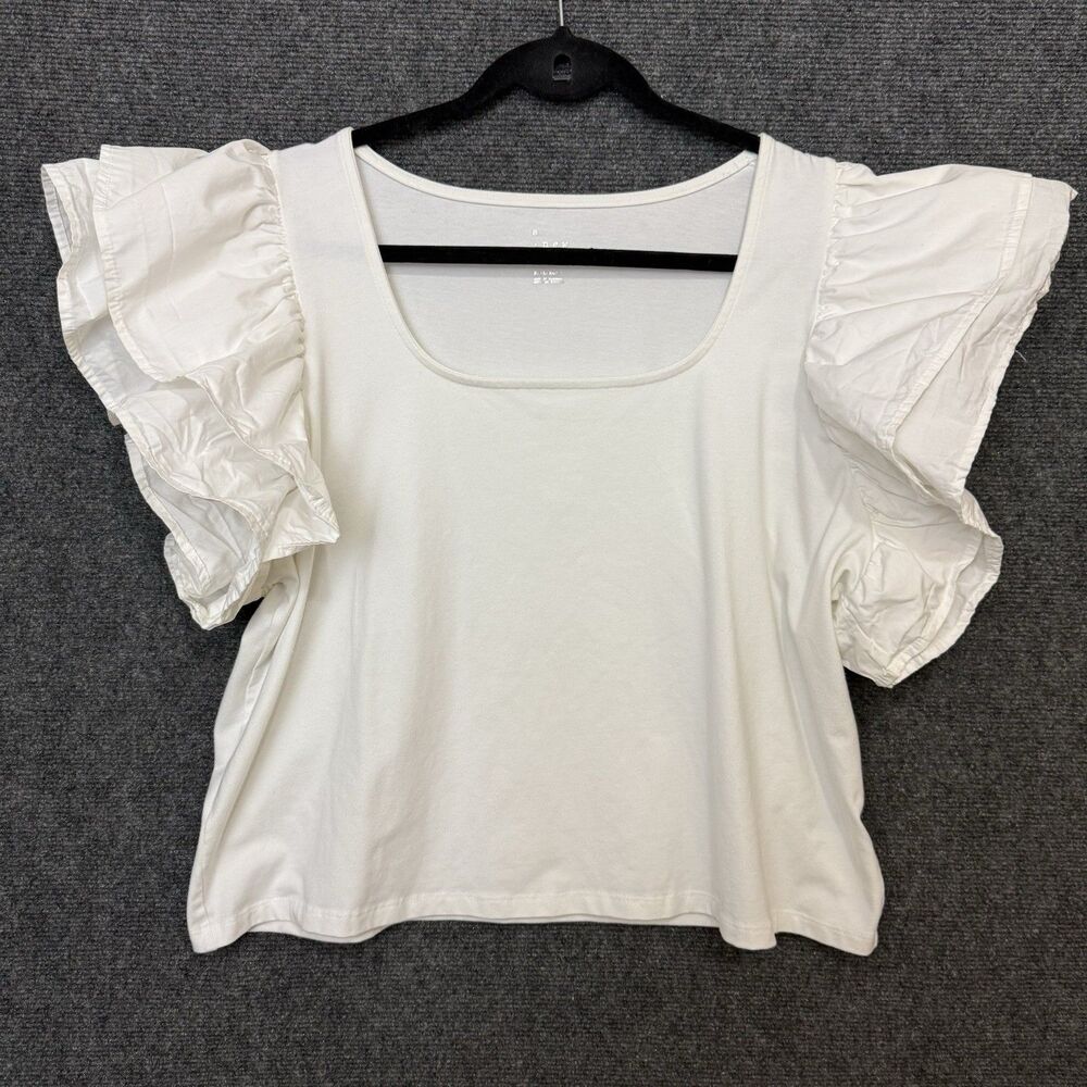 Women’s Architectural Ruffle Sleeve Square Neck Minimalist White Top Sz  XXL